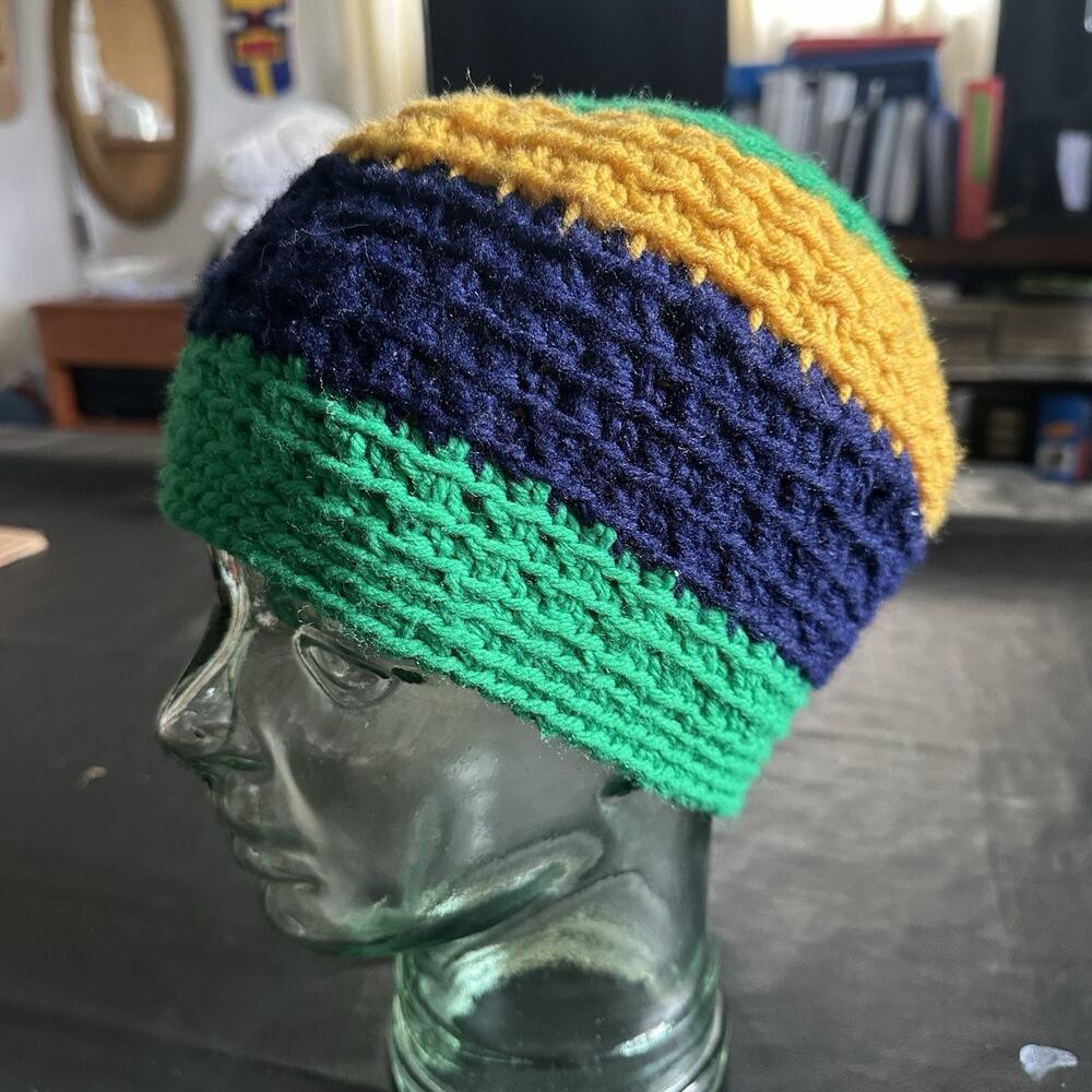 Handmade Crochet Green Yellow & Black Skull Cap Hat Beanie Topi